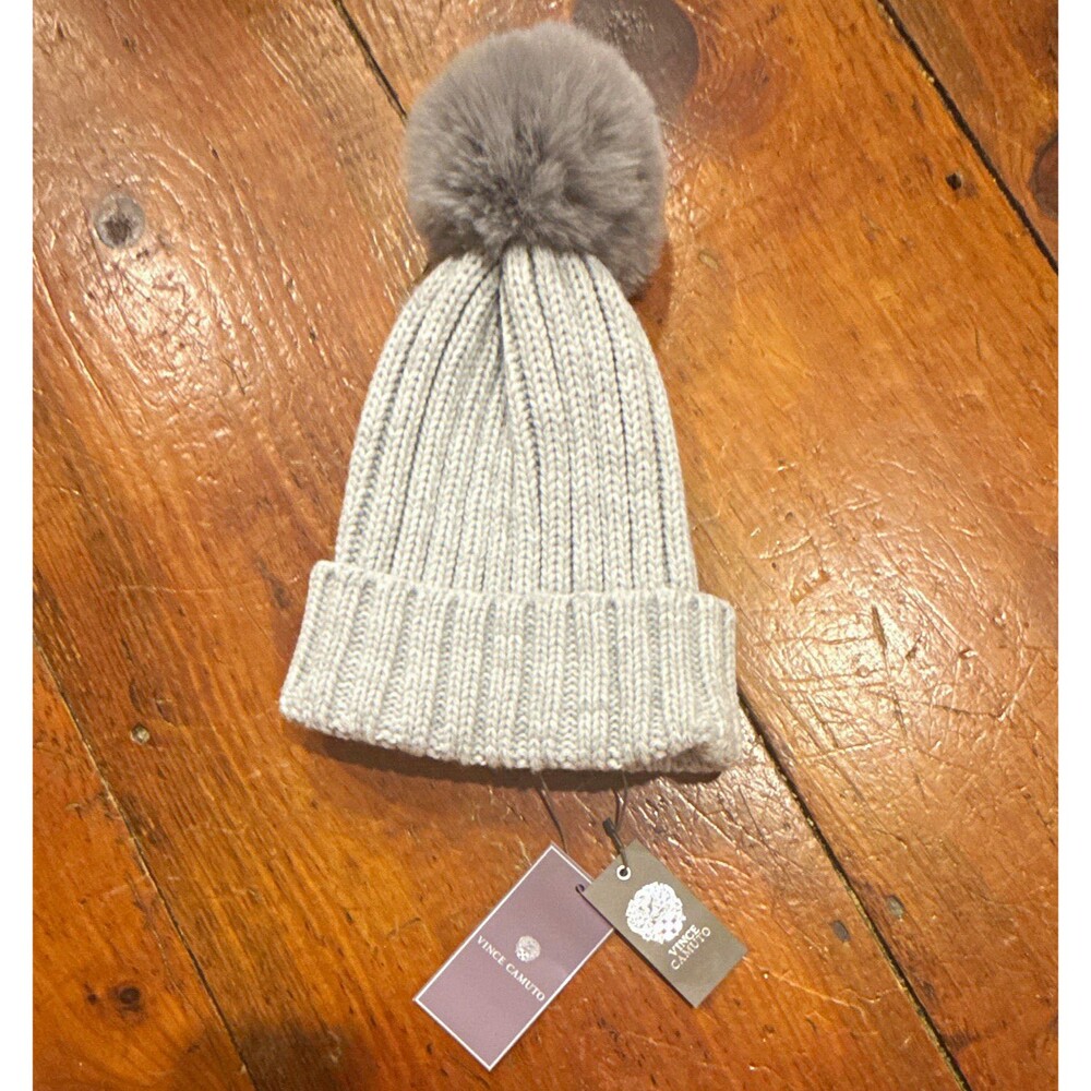 Vince Camuto Gray Solid Knit Beanie Hat Pom-Pom Women’s One Size